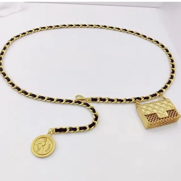 Anthro Black Gold Chain Belt With Designer Mini Charm Bag - Picture 6 of 16